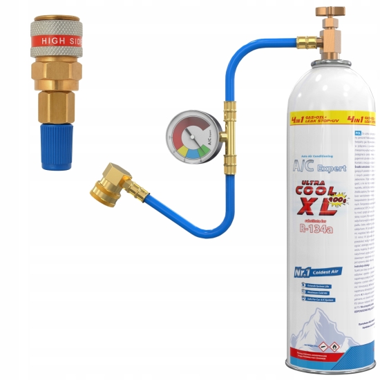 Zestaw XL 4 w 1 do napełniania klimatyzacji dla aut na R134a + adapter HP na LP