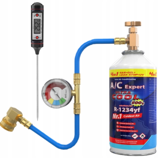 Zestaw 4 w 1 do napełniania klimatyzacji dla aut na R1234yf + termometr