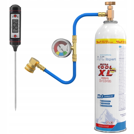 Zestaw XL 4 w 1 do napełniania klimatyzacji dla aut na R134a + termometr