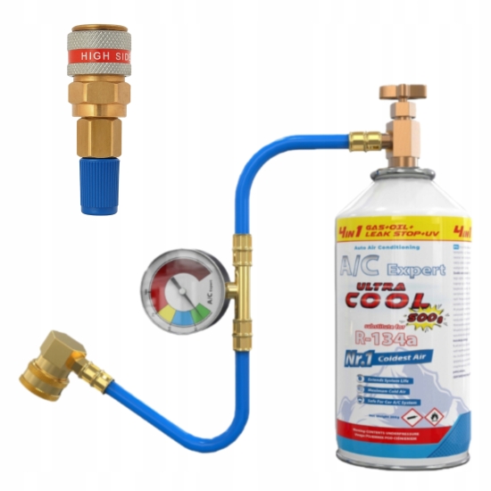 Zestaw 4 w 1 do napełniania klimatyzacji dla aut na R134a + adapter HP na LP